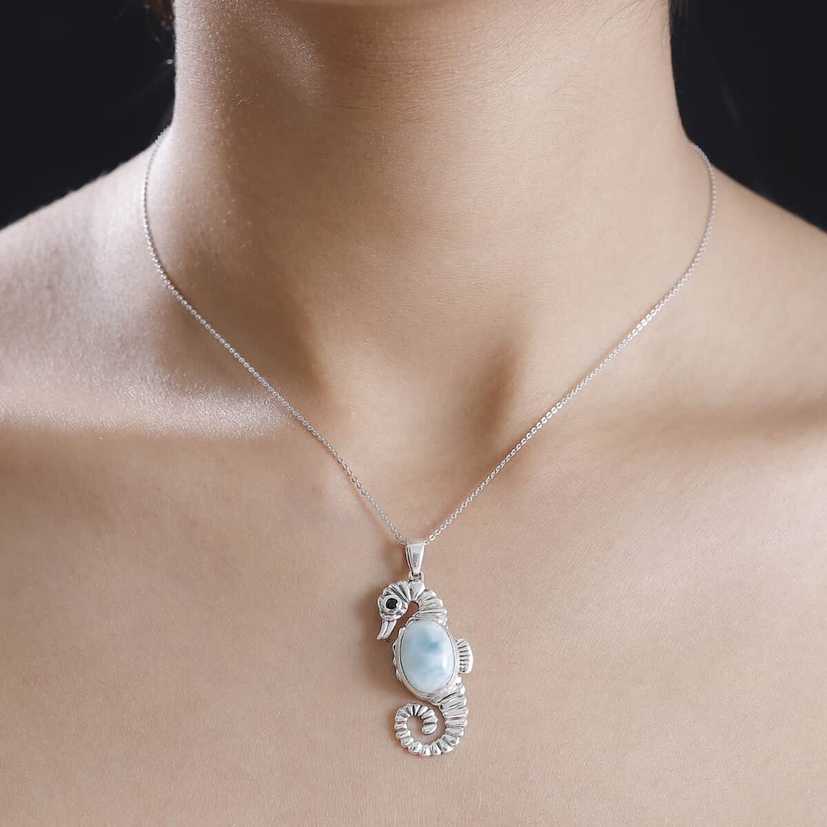 Natural Green Larimar and Thai Black Spinel 7.50 ctw Seahorse Pendant Necklace in Rhodium Over Sterling Silver 20 Inches image number 2