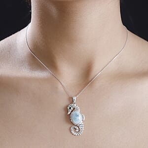 Natural Green Larimar and Thai Black Spinel 7.50 ctw Seahorse Pendant Necklace in Rhodium Over Sterling Silver 20 Inches