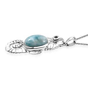 Natural Green Larimar and Thai Black Spinel 7.50 ctw Seahorse Pendant Necklace in Rhodium Over Sterling Silver 20 Inches