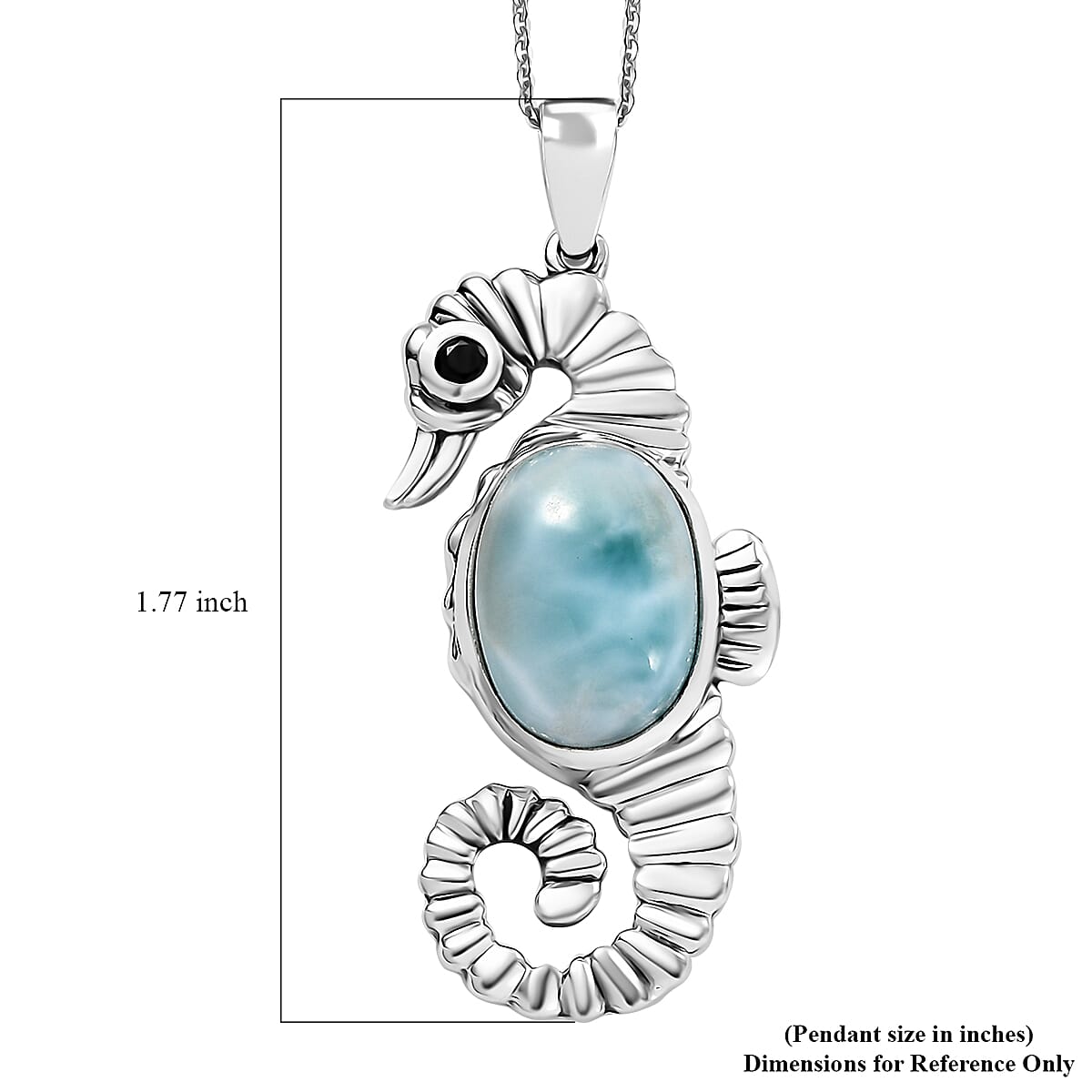 Natural Green Larimar and Thai Black Spinel 7.50 ctw Seahorse Pendant Necklace in Rhodium Over Sterling Silver 20 Inches