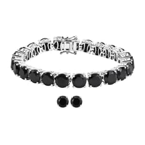 Karis Thai Black Spinel 38.10 ctw Solitaire Stud Earrings and Bracelet (6.50In) in Platinum Bond