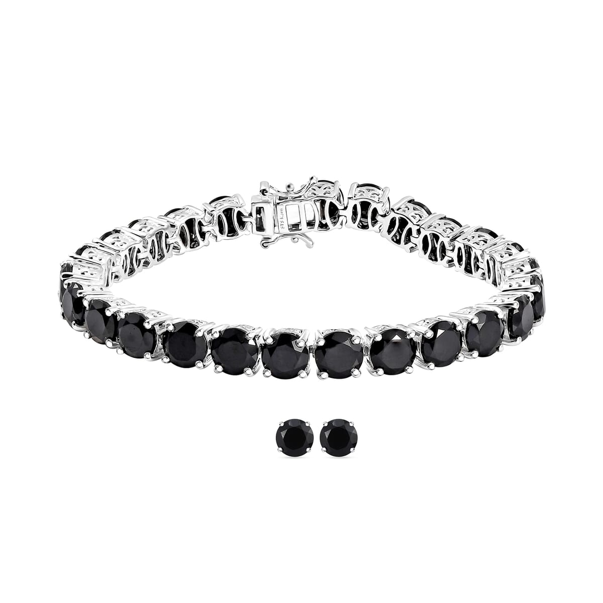 Karis Thai Black Spinel 43.00 ctw Solitaire Stud Earrings and Bracelet (7.25In) in Platinum Bond image number 0