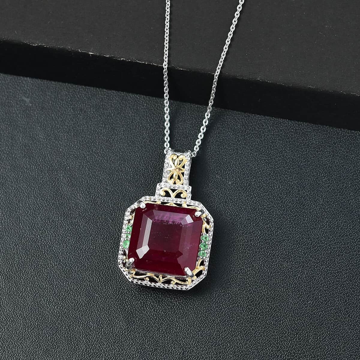 Doorbuster Asscher Cut Premium Niassa Ruby (FF) and Tsavorite Garnet 21.20 ctw Victorian Grace Pendant Necklace in Vermeil YG and Rhodium Over Sterling Silver 20 Inches image number 1