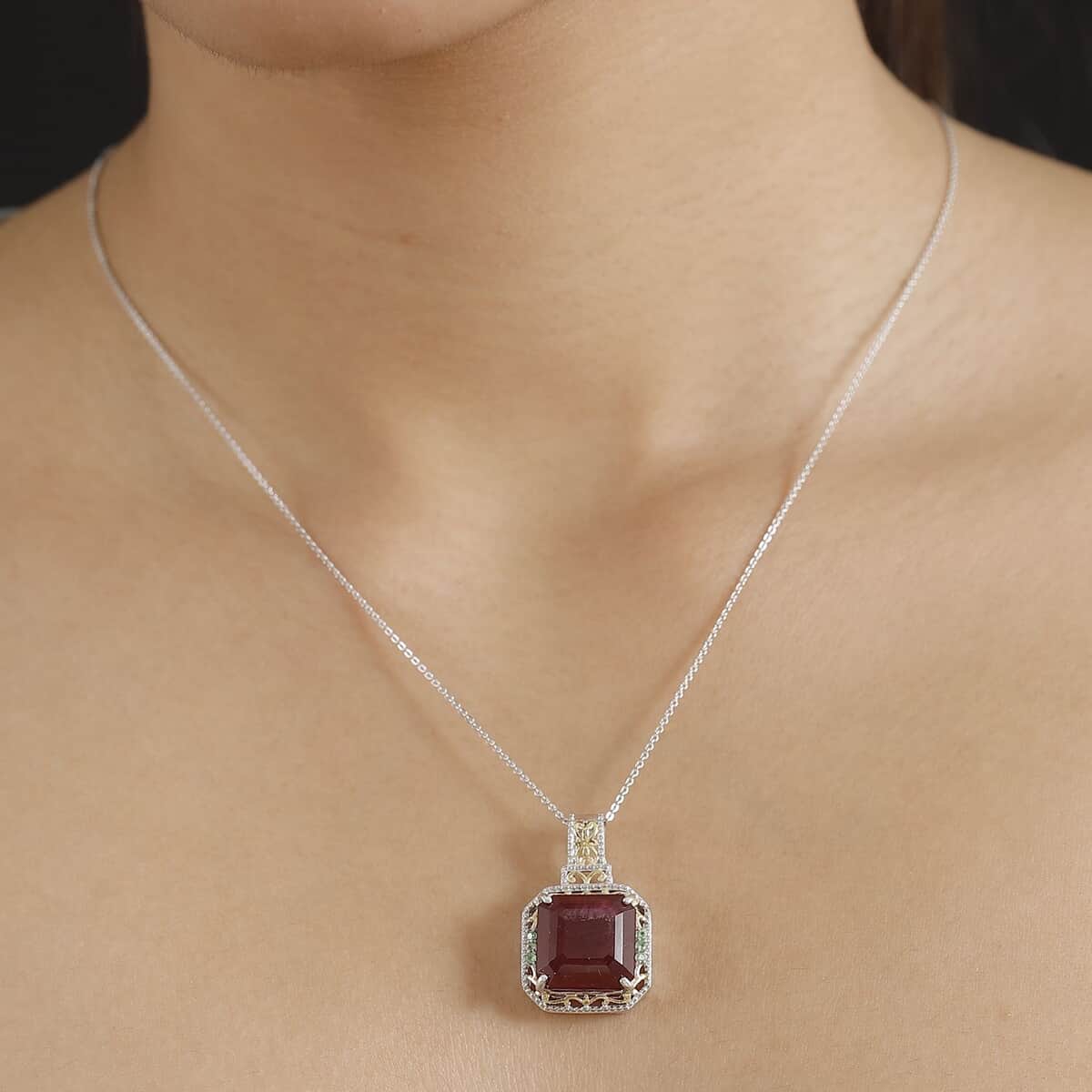 Doorbuster Asscher Cut Premium Niassa Ruby (FF) and Tsavorite Garnet 21.20 ctw Victorian Grace Pendant Necklace in Vermeil YG and Rhodium Over Sterling Silver 20 Inches image number 2