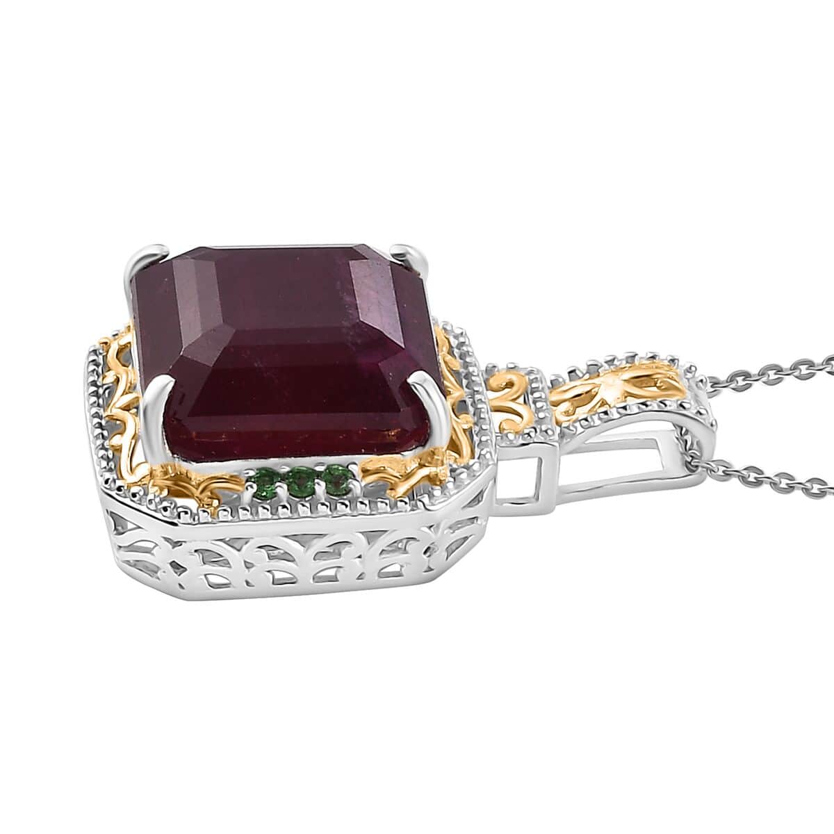 Doorbuster Asscher Cut Premium Niassa Ruby (FF) and Tsavorite Garnet 21.20 ctw Victorian Grace Pendant Necklace in Vermeil YG and Rhodium Over Sterling Silver 20 Inches image number 3