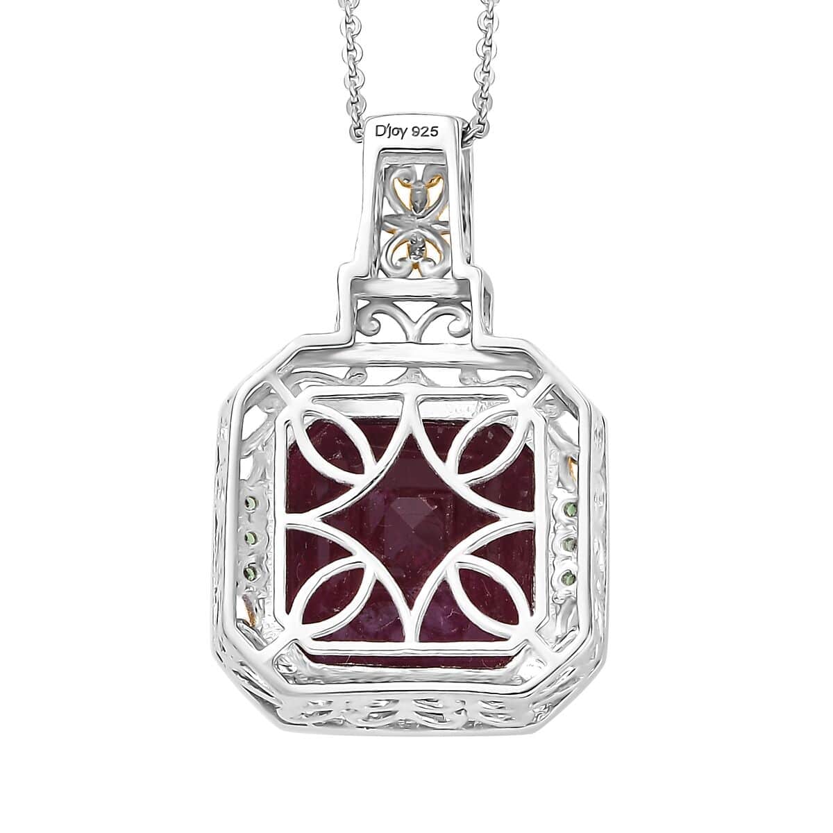 Doorbuster Asscher Cut Premium Niassa Ruby (FF) and Tsavorite Garnet 21.20 ctw Victorian Grace Pendant Necklace in Vermeil YG and Rhodium Over Sterling Silver 20 Inches image number 4