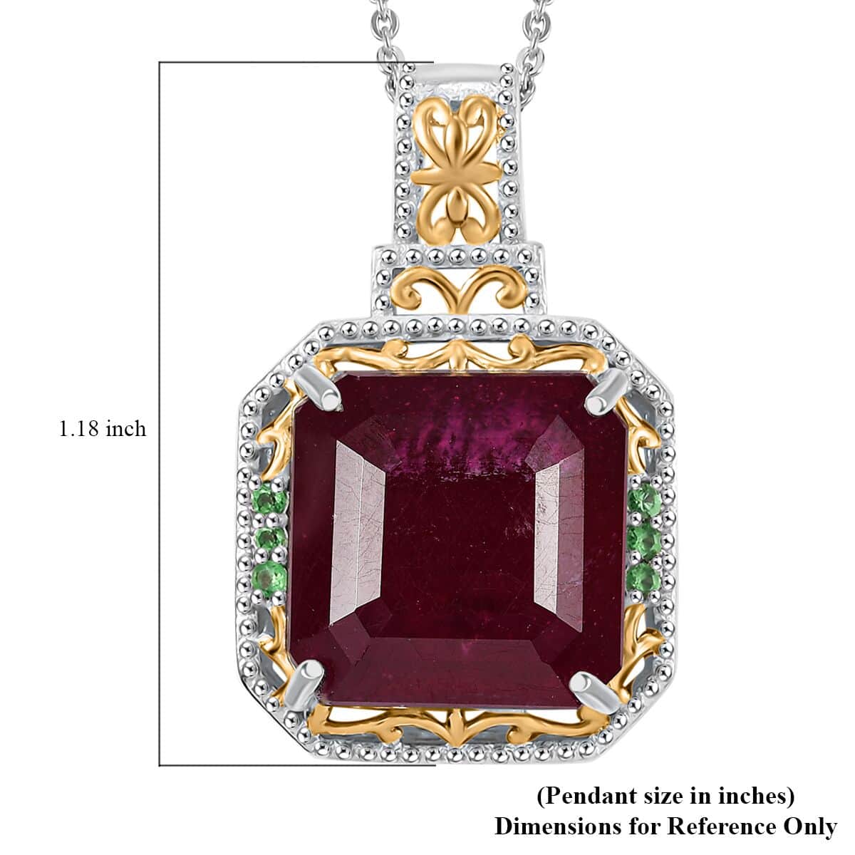 Doorbuster Asscher Cut Premium Niassa Ruby (FF) and Tsavorite Garnet 21.20 ctw Victorian Grace Pendant Necklace in Vermeil YG and Rhodium Over Sterling Silver 20 Inches image number 5