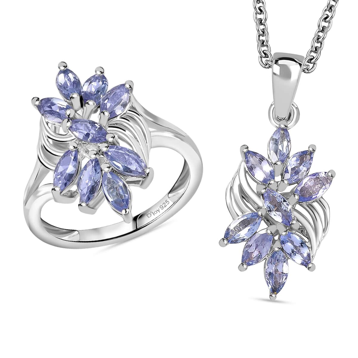 Tanzanite 1.40 ctw Floral Ring (Size 5.0) and Pendant in Rhodium Over Sterling Silver with Stainless Steel Necklace 20 Inches image number 0