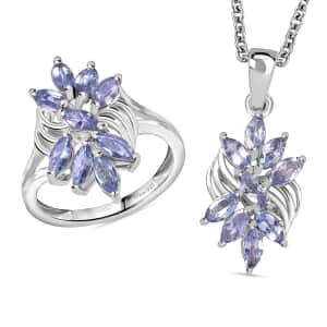 Tanzanite 1.40 ctw Floral Ring (Size 5.0) and Pendant in Rhodium Over Sterling Silver with Stainless Steel Necklace 20 Inches