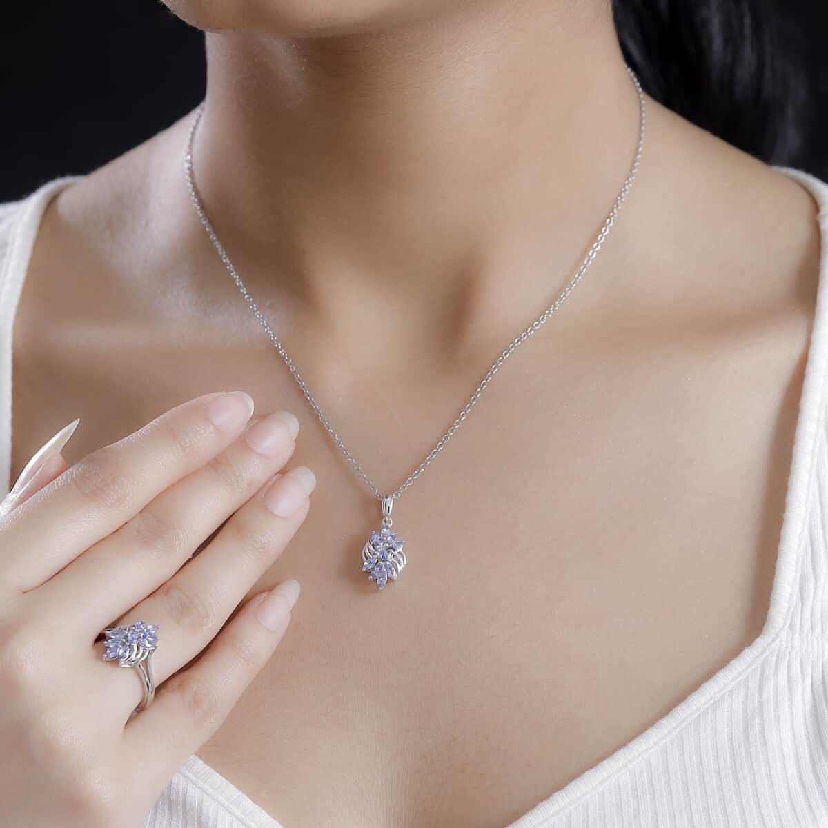 Tanzanite 1.40 ctw Floral Ring (Size 5.0) and Pendant in Rhodium Over Sterling Silver with Stainless Steel Necklace 20 Inches image number 2