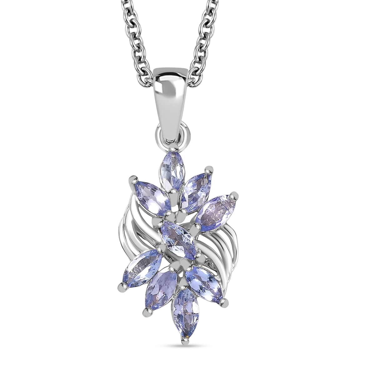 Tanzanite 1.40 ctw Floral Ring (Size 5.0) and Pendant in Rhodium Over Sterling Silver with Stainless Steel Necklace 20 Inches image number 6