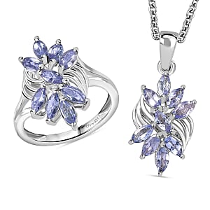 Tanzanite 1.40 ctw Floral Ring (Size 6.0) and Pendant in Rhodium Over Sterling Silver with Stainless Steel Necklace 20 Inches