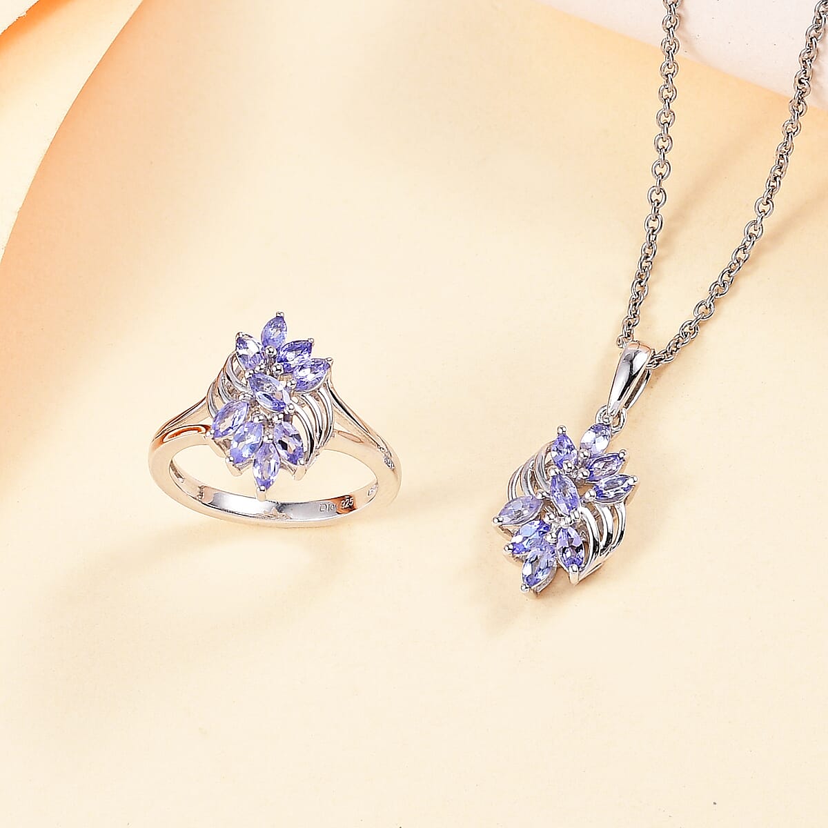 Tanzanite 1.40 ctw Floral Ring (Size 6.0) and Pendant in Rhodium Over Sterling Silver with Stainless Steel Necklace 20 Inches image number 1
