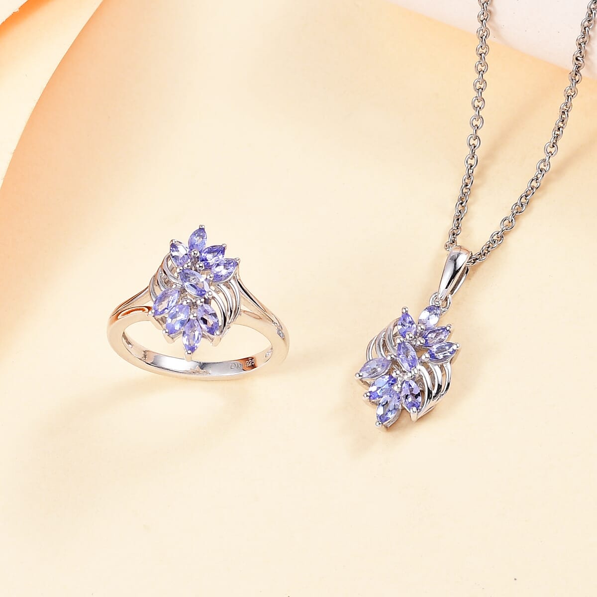 Tanzanite 1.40 ctw Floral Ring (Size 8.0) and Pendant in Rhodium Over Sterling Silver with Stainless Steel Necklace 20 Inches image number 1