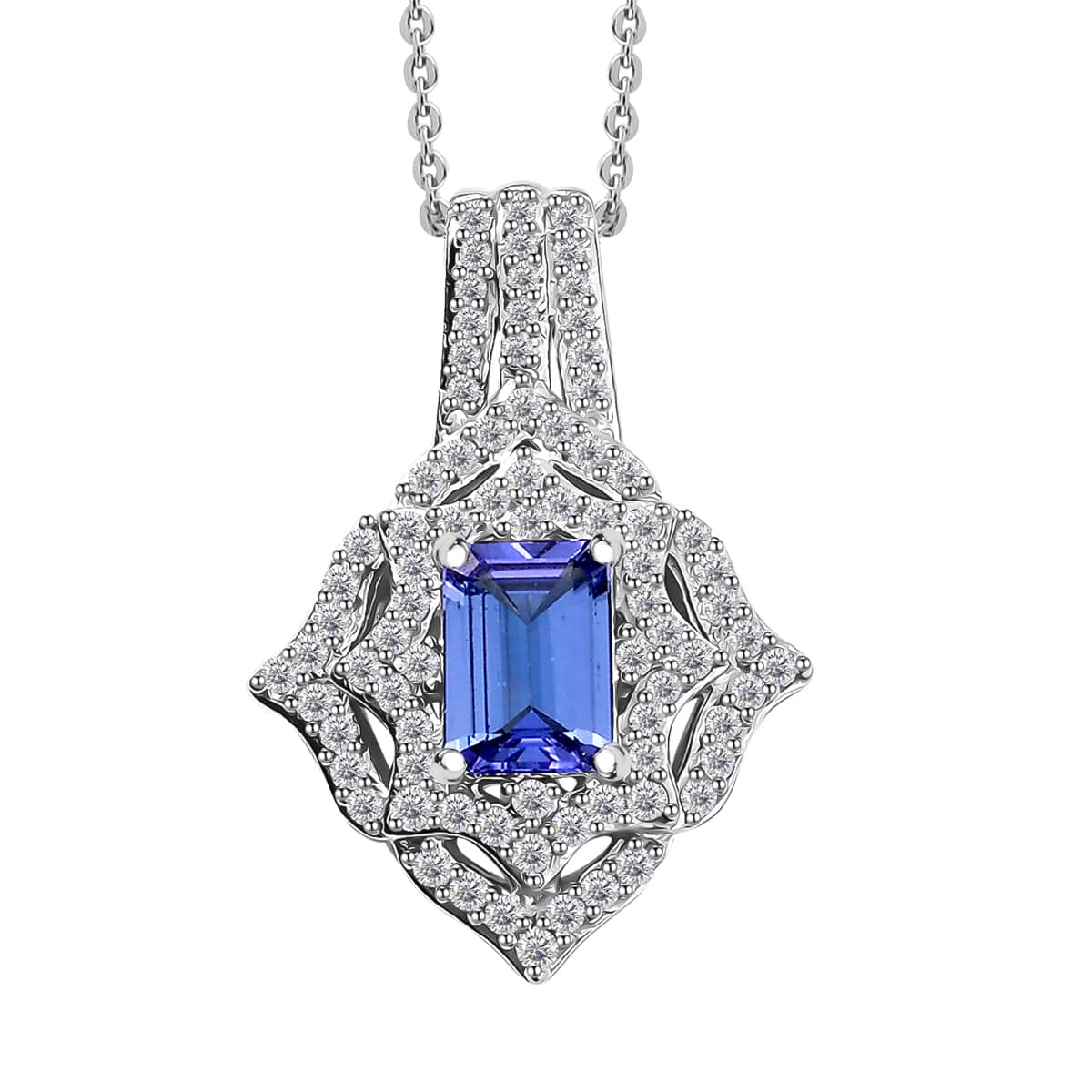 Premium Tanzanite and White Zircon 1.75 ctw Art Deco Pendant Necklace in Rhodium Over Sterling Silver 20 Inches image number 0