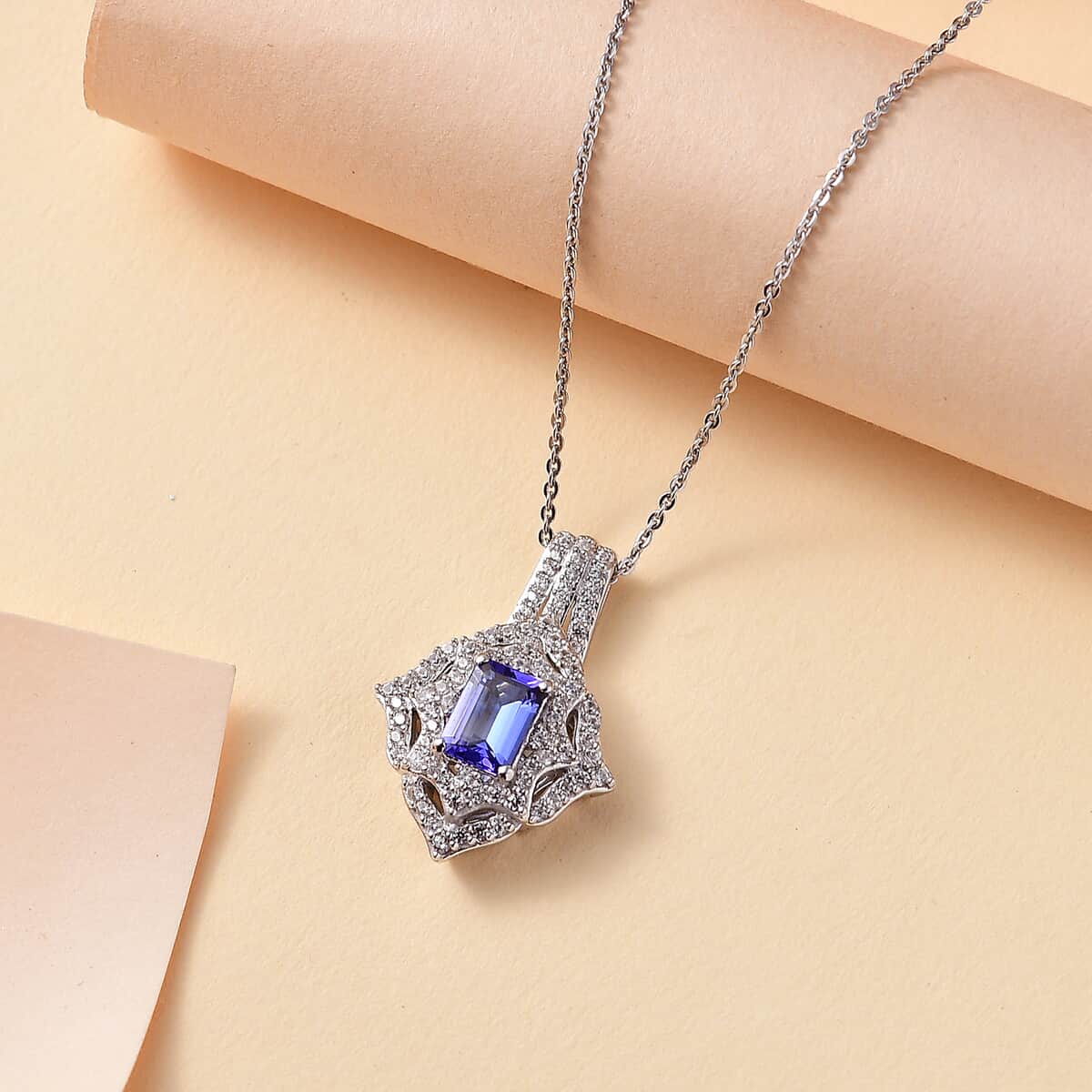 Premium Tanzanite and White Zircon 1.75 ctw Art Deco Pendant Necklace in Rhodium Over Sterling Silver 20 Inches image number 1