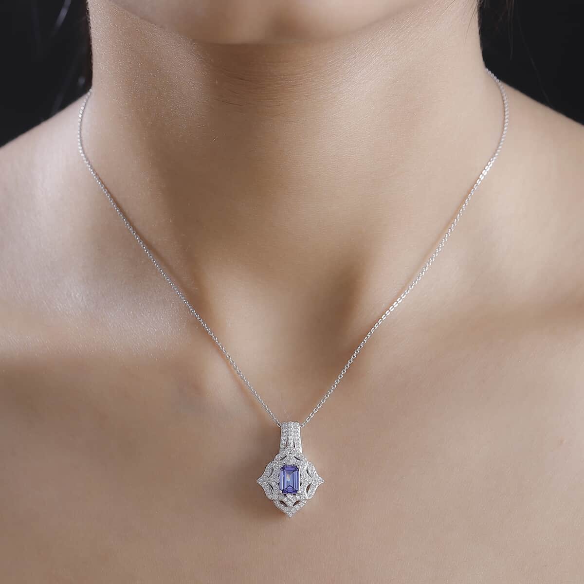 Premium Tanzanite and White Zircon 1.75 ctw Art Deco Pendant Necklace in Rhodium Over Sterling Silver 20 Inches image number 2