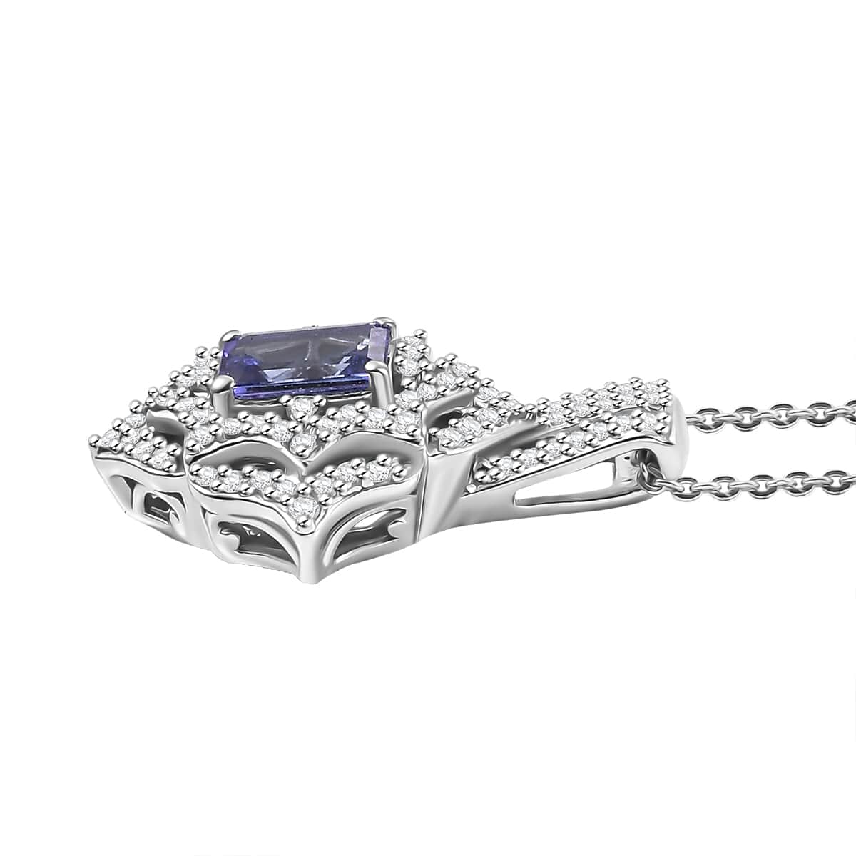 Premium Tanzanite and White Zircon 1.75 ctw Art Deco Pendant Necklace in Rhodium Over Sterling Silver 20 Inches image number 3