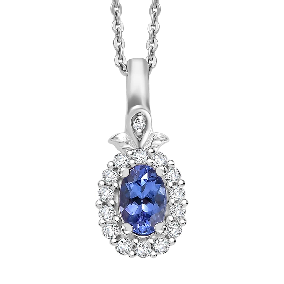 AAA Tanzanite and Moissanite 0.70 ctw Classic Halo Pendant Necklace in Rhodium Over Sterling Silver 20 Inches image number 0