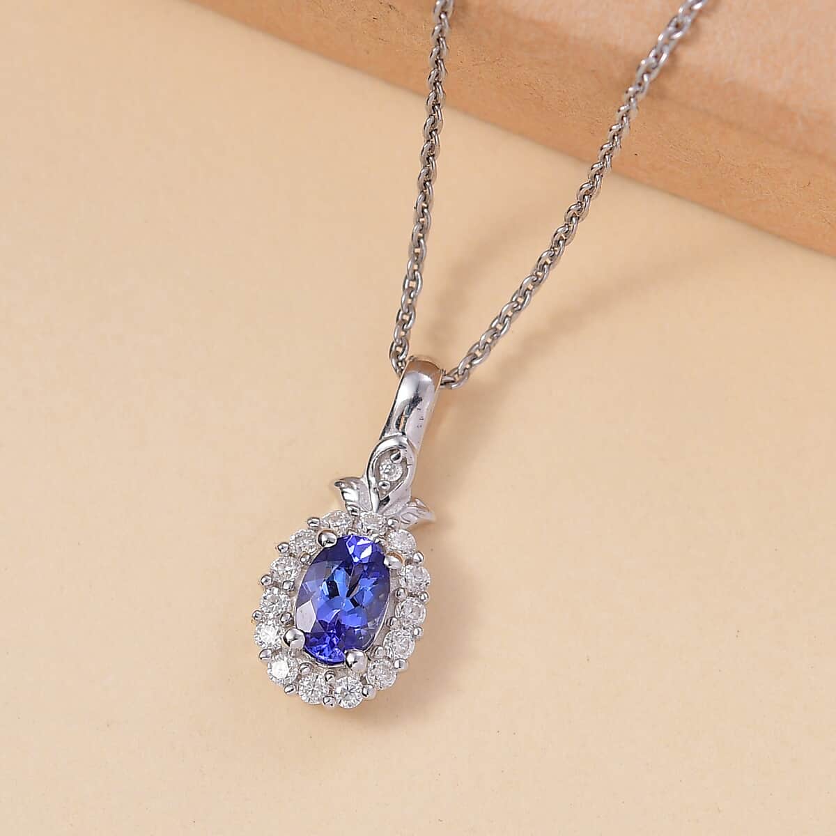 AAA Tanzanite and Moissanite 0.70 ctw Classic Halo Pendant Necklace in Rhodium Over Sterling Silver 20 Inches image number 1