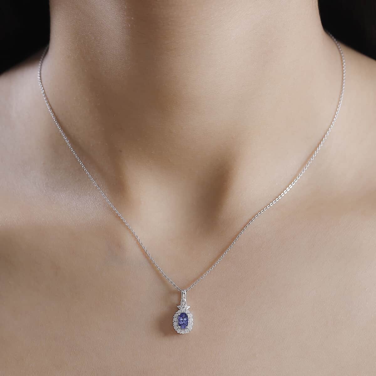 AAA Tanzanite and Moissanite 0.70 ctw Classic Halo Pendant Necklace in Rhodium Over Sterling Silver 20 Inches image number 2