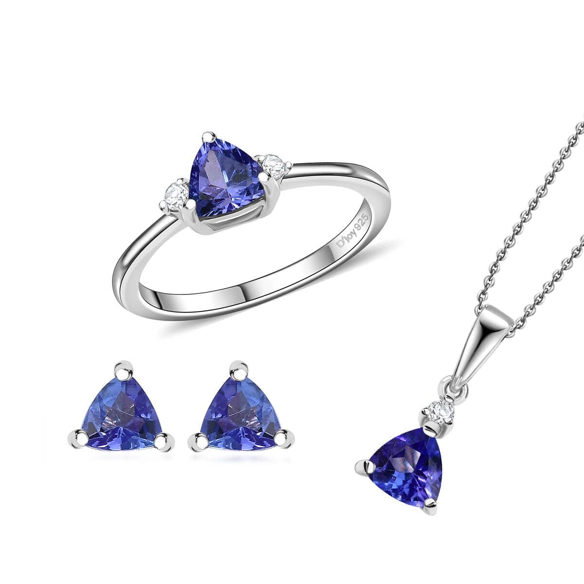 AAA Tanzanite, White Zircon Stud Earrings, Trilogy Ring (Size 5.0), Pendant Necklace (20 Inches) in Rhodium Over Sterling Silver 1.60 ctw image number 0