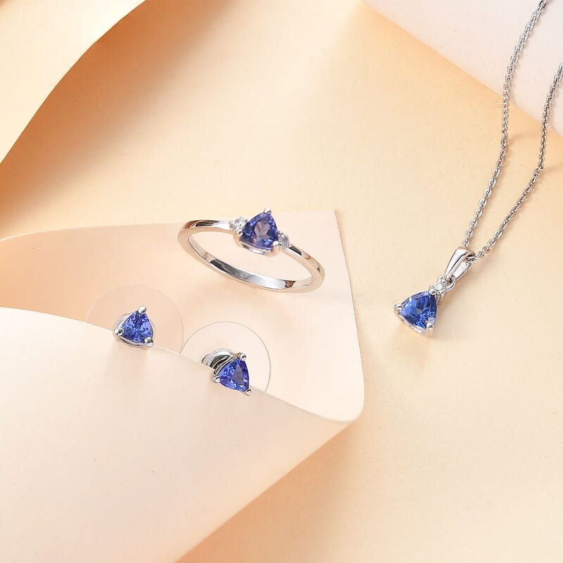 AAA Tanzanite and White Zircon 1.60 ctw Stud Earrings, Trilogy Ring (Size 5.0), Pendant Necklace 20 Inches in Rhodium Over Sterling Silver