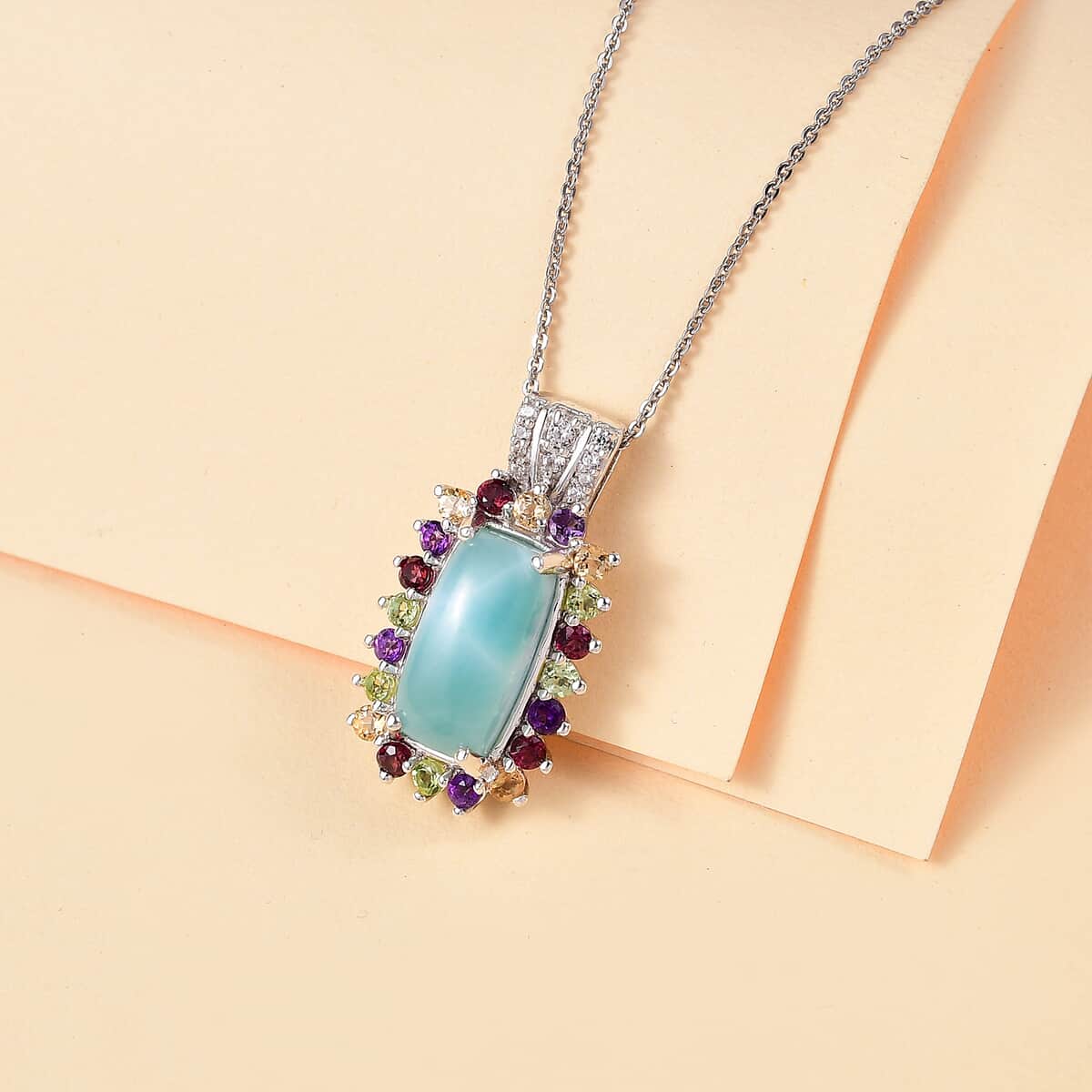 Natural Green Larimar and Multi Gemstone 6.00 ctw Sunlight Pendant Necklace in Rhodium Over Sterling Silver 20 Inches image number 1