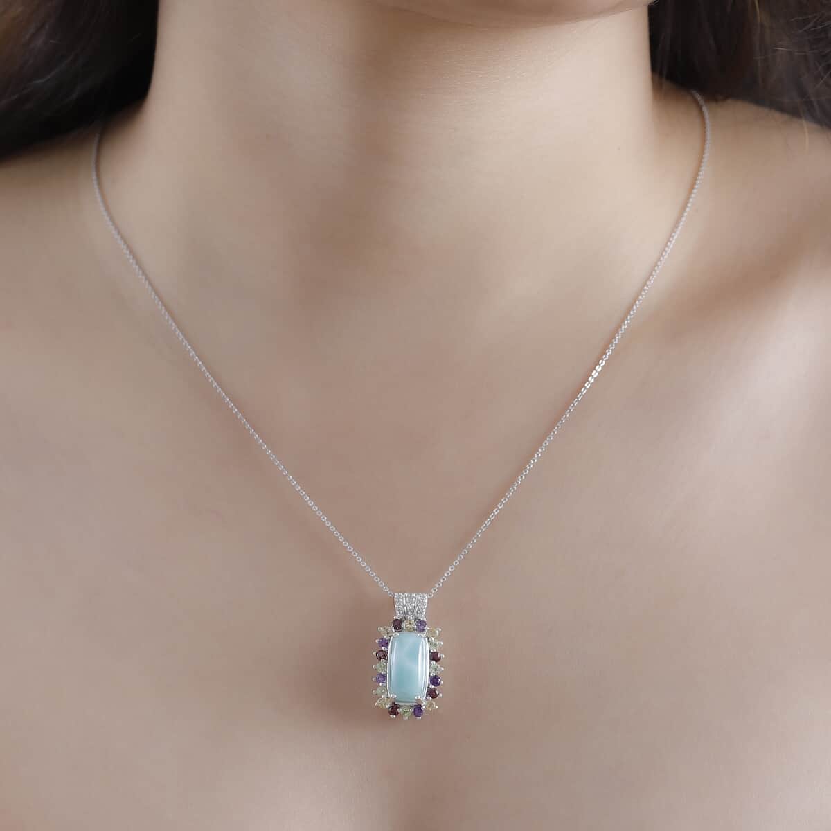 Natural Green Larimar and Multi Gemstone 6.00 ctw Sunlight Pendant Necklace in Rhodium Over Sterling Silver 20 Inches image number 2