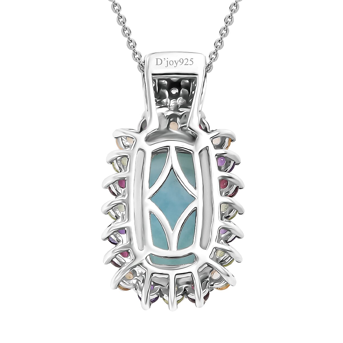 Natural Green Larimar and Multi Gemstone 6.00 ctw Sunlight Pendant Necklace in Rhodium Over Sterling Silver 20 Inches