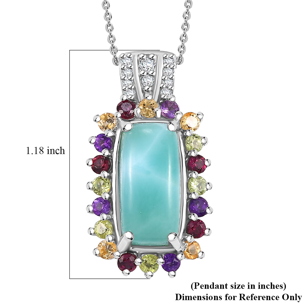 Natural Green Larimar and Multi Gemstone 6.00 ctw Sunlight Pendant Necklace in Rhodium Over Sterling Silver 20 Inches