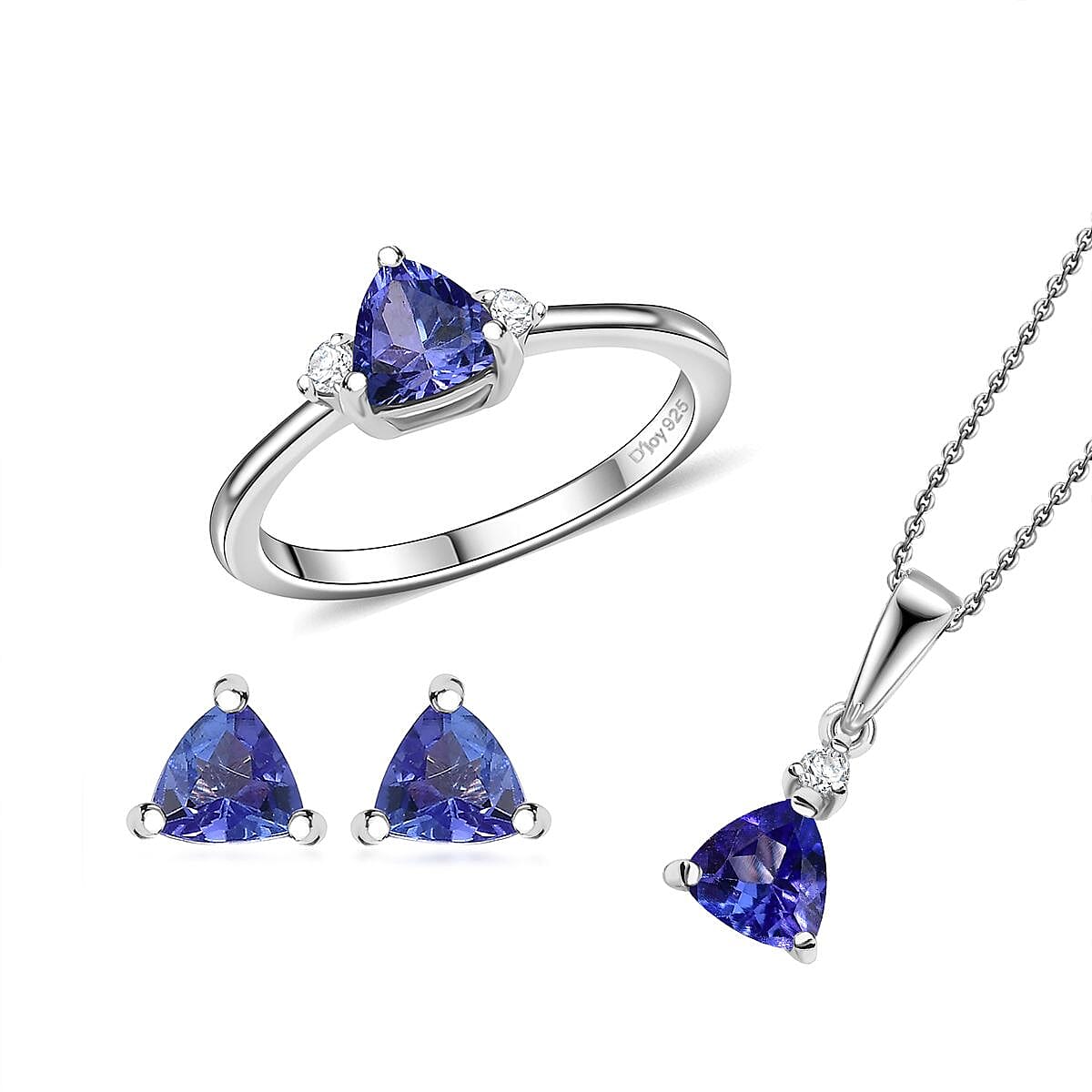 AAA Tanzanite and White Zircon 1.60 ctw Stud Earrings, Trilogy Ring (Size 7.0), Pendant Necklace 20 Inches in Rhodium Over Sterling Silver image number 0