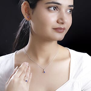 AAA Tanzanite and White Zircon 1.60 ctw Stud Earrings, Trilogy Ring (Size 7.0), Pendant Necklace 20 Inches in Rhodium Over Sterling Silver