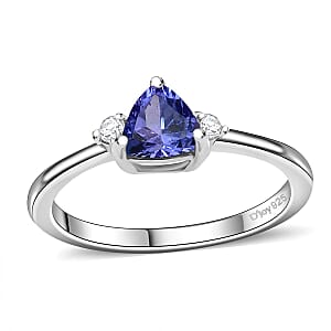 AAA Tanzanite and White Zircon 1.60 ctw Stud Earrings, Trilogy Ring (Size 7.0), Pendant Necklace 20 Inches in Rhodium Over Sterling Silver