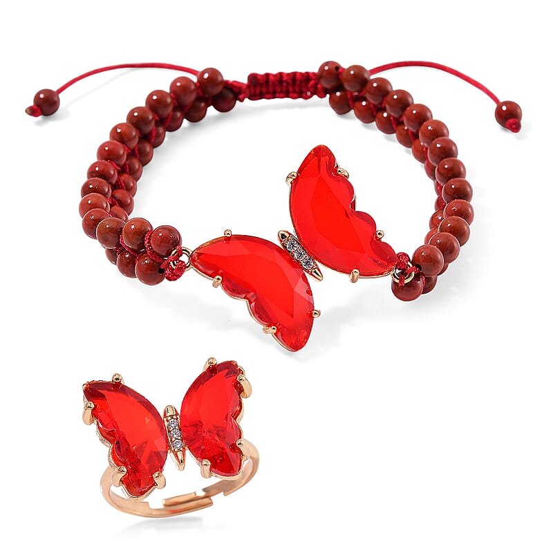 Red Glass, Simulated Diamond and Red Jasper 49.05 ctw Beaded Butterfly Adjustable Bracelet and Ring (Size 6-9) in Goldtone