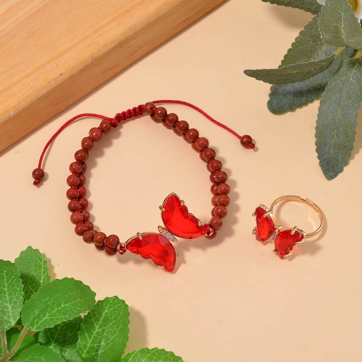 Red Glass, Simulated Diamond and Red Jasper 49.05 ctw Beaded Butterfly Bracelet (6.0In) and Adjustable Ring in Goldtone image number 1