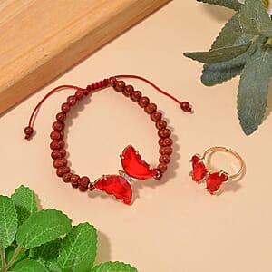 Red Glass, Simulated Diamond and Red Jasper 49.05 ctw Beaded Butterfly Adjustable Bracelet and Ring (Size 6-9) in Goldtone