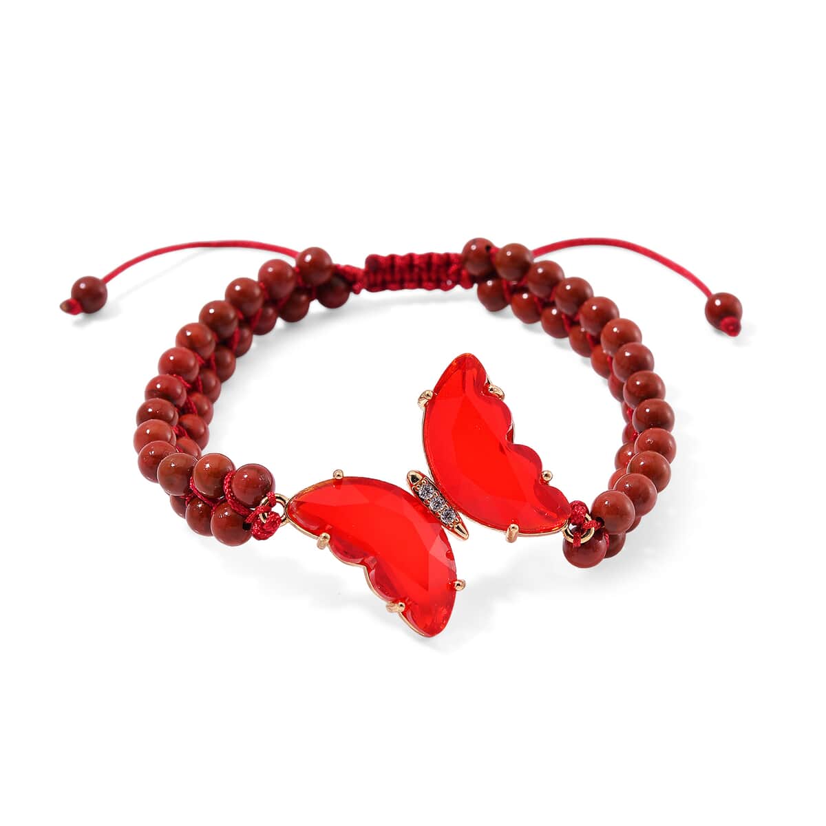 Red Glass, Simulated Diamond and Red Jasper 49.05 ctw Beaded Butterfly Bracelet (6.0In) and Adjustable Ring in Goldtone image number 2