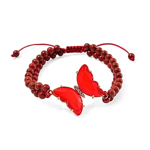 Red Glass, Simulated Diamond and Red Jasper 49.05 ctw Beaded Butterfly Adjustable Bracelet and Ring (Size 6-9) in Goldtone