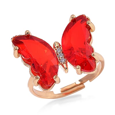 Red Glass, Simulated Diamond and Red Jasper 49.05 ctw Beaded Butterfly Adjustable Bracelet and Ring (Size 6-9) in Goldtone