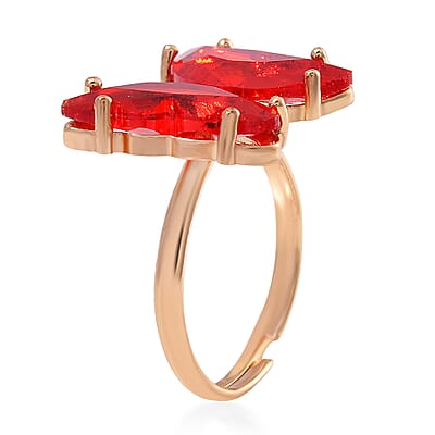 Red Glass, Simulated Diamond and Red Jasper 49.05 ctw Beaded Butterfly Adjustable Bracelet and Ring (Size 6-9) in Goldtone