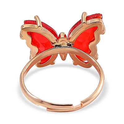 Red Glass, Simulated Diamond and Red Jasper 49.05 ctw Beaded Butterfly Adjustable Bracelet and Ring (Size 6-9) in Goldtone
