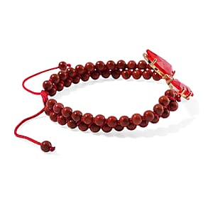 Red Glass, Simulated Diamond and Red Jasper 49.05 ctw Beaded Butterfly Adjustable Bracelet and Ring (Size 7-10) in Goldtone