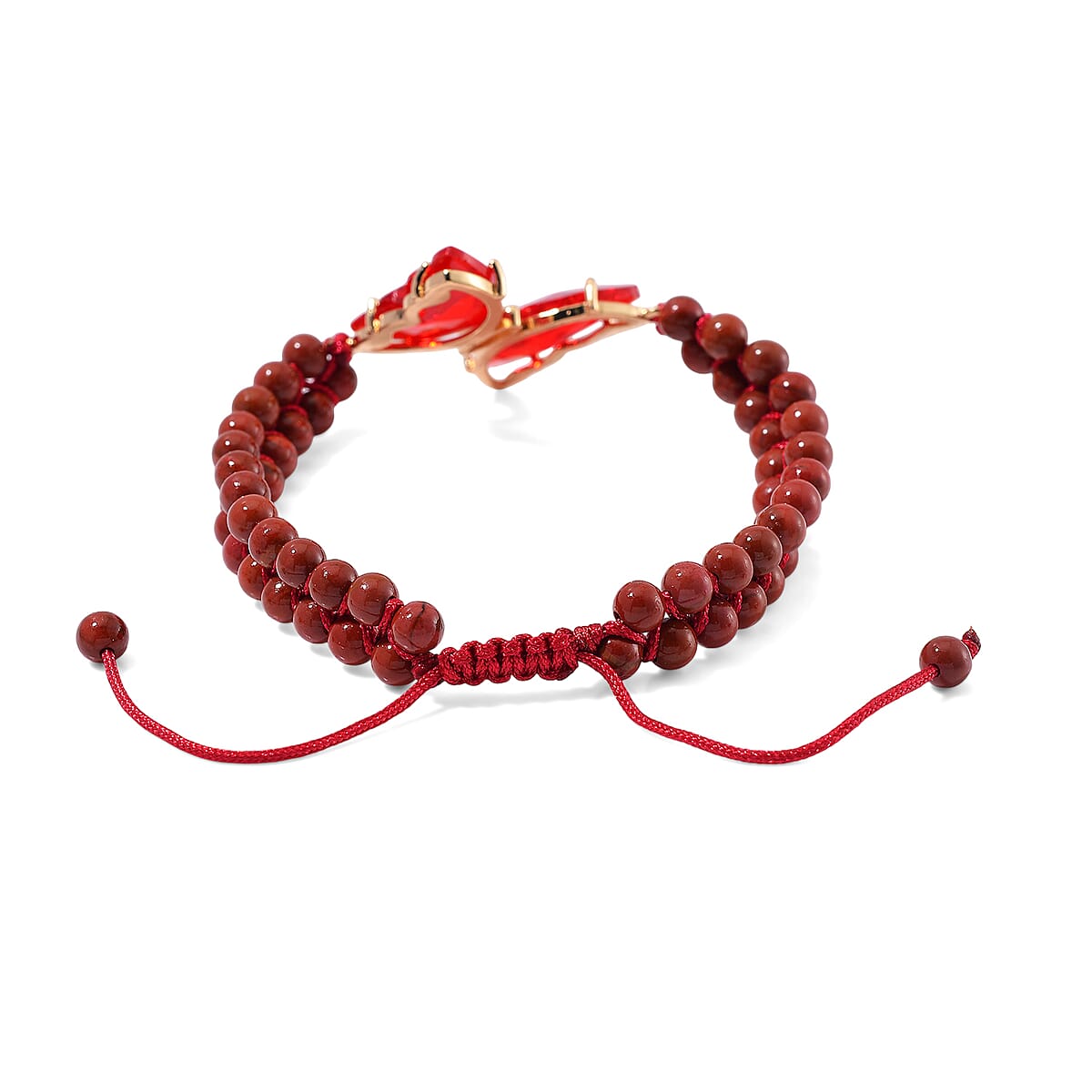 Red Glass, Simulated Diamond and Red Jasper 49.05 ctw Beaded Butterfly Adjustable Bracelet and Ring (Size 7-10) in Goldtone image number 4