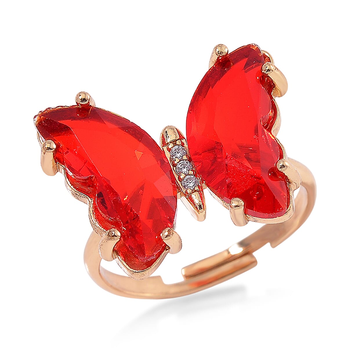 Red Glass, Simulated Diamond and Red Jasper 49.05 ctw Beaded Butterfly Adjustable Bracelet and Ring (Size 7-10) in Goldtone image number 5