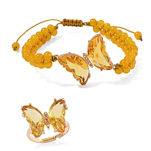 Golden Glass, Simulated Diamond and Yellow Quartzite 49.00 ctw Beaded Butterfly Bracelet (7.0In) and Adjustable Ring in Goldtone
