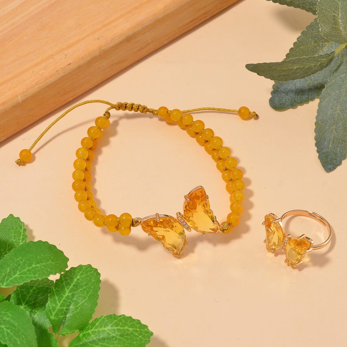 Golden Glass, Simulated Diamond and Yellow Quartzite 49.05 ctw Beaded Butterfly Bracelet (7.0In) and Adjustable Ring in Goldtone image number 1