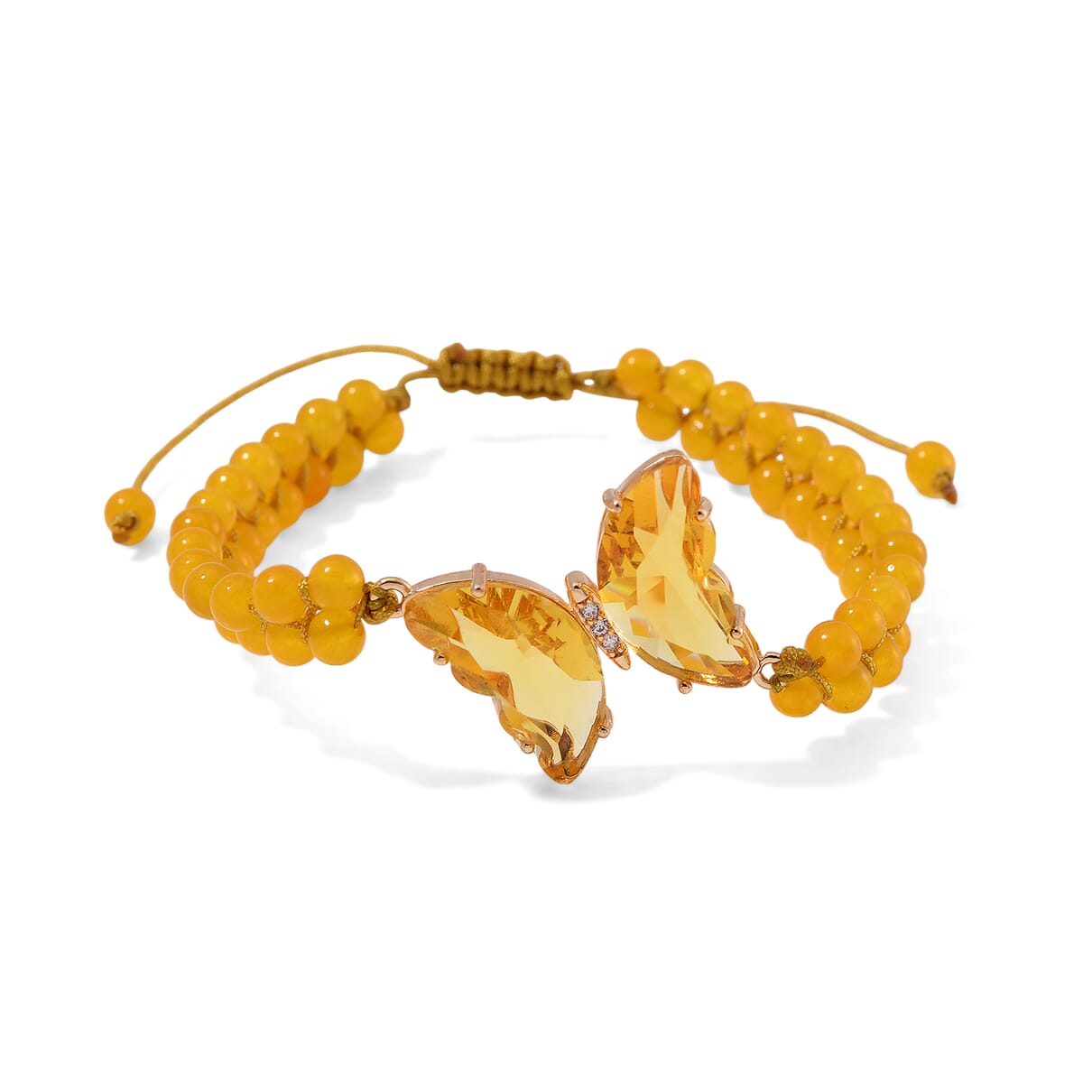 Golden Glass, Simulated Diamond and Yellow Quartzite 49.05 ctw Beaded Butterfly Bracelet (7.0In) and Adjustable Ring in Goldtone image number 2