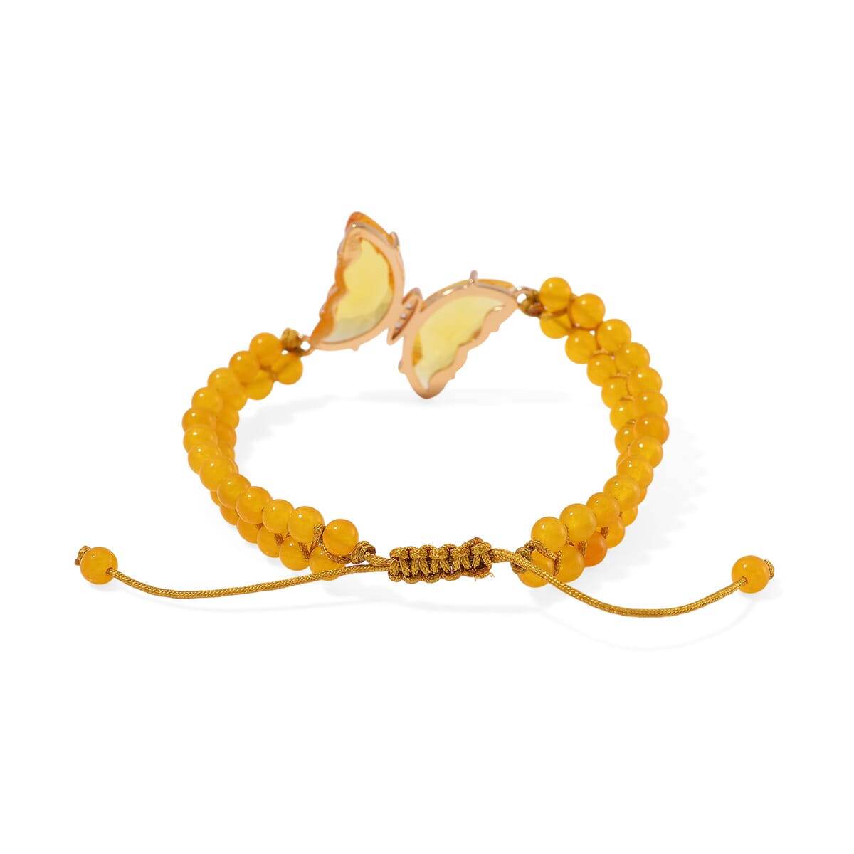 Golden Glass, Simulated Diamond and Yellow Quartzite 49.05 ctw Beaded Butterfly Bracelet (7.0In) and Adjustable Ring in Goldtone image number 4
