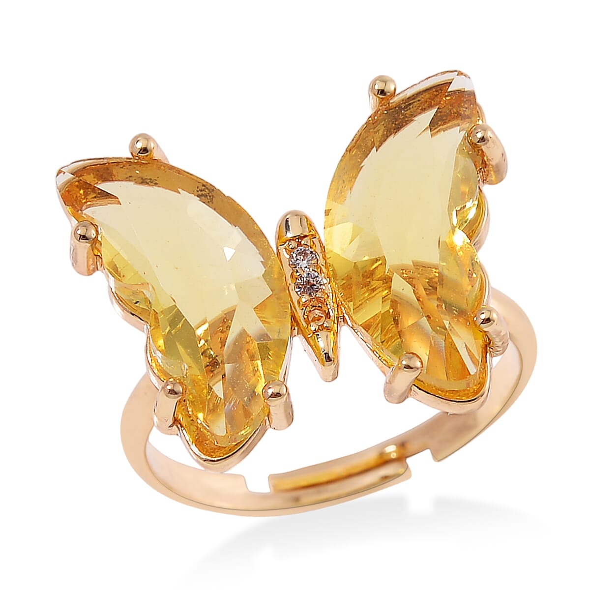 Golden Glass, Simulated Diamond and Yellow Quartzite 49.05 ctw Beaded Butterfly Bracelet (7.0In) and Adjustable Ring in Goldtone image number 5